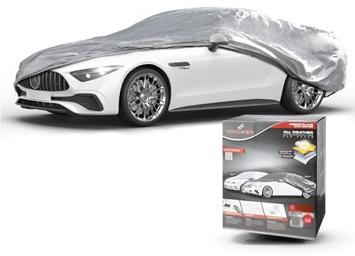 WALSER Abdeckplane Auto All Weather, Abdeckplane wasserdicht, 100% wetterfeste Auto Abdeckplane, Autoabdeckung Outdoor wasserdicht, Autoplane Vollgarage Größe 2 PKW Silber