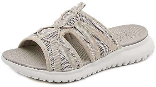 Acfoda Orthopädische Pantoletten Damen mit Fußbett Leichte Bequeme Slide Sandalen Mesh Slip On Hausschuhe Rutschfeste Weiche Sommer Schuhe Frauen Outdoor Casual Atmungsaktiv Flache Schlappen Beige 37