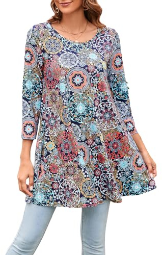 Enmain Women Tunic Tops Plus Size Longline Tunic Top for Leggings Casual Stretch Navy Tunic Dress 3XL