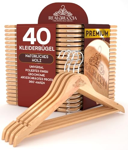 40 Grucce Appendiabiti in Legno Naturale per Vestiti Abiti Giacche Camicie - RealGruccia Barra porta Pantaloni Tacche Antiscivolo e Gancio Girevole 360° - Finitura Lucida e Profilo Smussato - 22x45cm