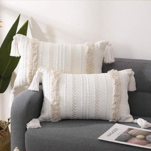 Gevvnss 2 Piezas Funda Cojines 30x50 cm,Funda de Almohada Boho,Moderno Cojín Decorativo con Borlas y Cremallera Oculta,para Silla Oficina Cama Habitacion Dormitorio Salón,Beige