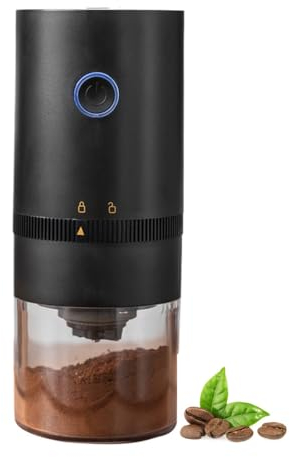 Kaffeemühle, Tragbare Kleine Bohnenmühle, Stufenlos Einstellbarer Mahlgrad, 1250 mAh, USB Wiederaufladbare, Elektrisch Reisemühle für Espresso, Cold Brew, Pour Over, French Press