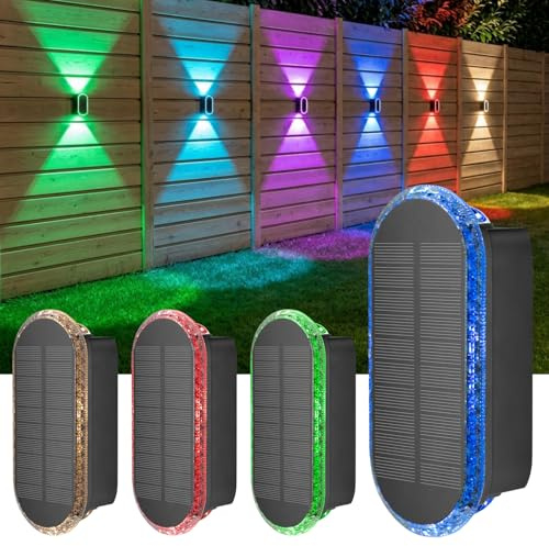 ELLASAY Solar Fence Lights Outdoor Wall: 4 Pack IP65 Waterproof LED Lights with 7 Colour Modes & Auto Cycle – Up & Down Glow for Garden/Fence/Patio Lighting