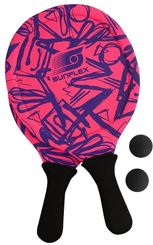 Sunflex® Jerseyprene Beachball Set Funky Strokes mit Zwei Schlägern und Zwei Bällen | weich und leicht | extrem robust und wasserfest | Schlägerspiel für Strand und Wiese