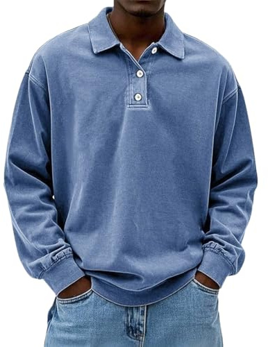 Camisas Polo de Manga Larga para Hombre, Estilo Retro, Lavado Desgastado, Botón, Solapas, Camisetas de Algodón, Tops Retro, Blusas, Camisetas, XL
