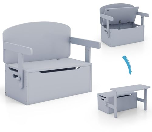 COSTWAY Set Mesa Actividad para Niños, Set 3 en 1 Mesa y Silla con Caja para Juguetes y Palo Neumático, Banco de Madera para Guardería Cuarto para Actividades Artísticas, de 3 a 7 años (Gris)