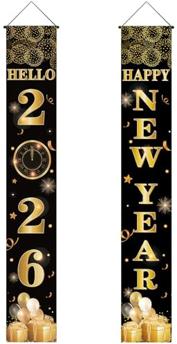 2 Stück 2026 Neujahrs Banner 180x30 cm Willkommens Banner Schwarz Gold Neujahrsdekoration Doppelseitig mit Stab und Kordel für Silvesterparty, Türdekoration Innen & Außen