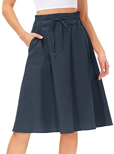 Gonna Estiva Donna Al Ginocchio Cotone E Lino Tinta Unita Gonne Estive Donna Elastico In Vita Boho Gonna Midi Larga A Trapezio Con Tasche Gonne Estive Leggere A Vita Alta Con Coulisse Abito Corto