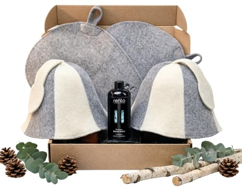 SAUNA GURU Set regalo sauna – 2 cappelli da sauna, 2 cuscini di alta qualità in feltro di lana ed eucalipto sauna – Set di accessori per sauna naturale per relax, benessere e spa – Idea regalo per