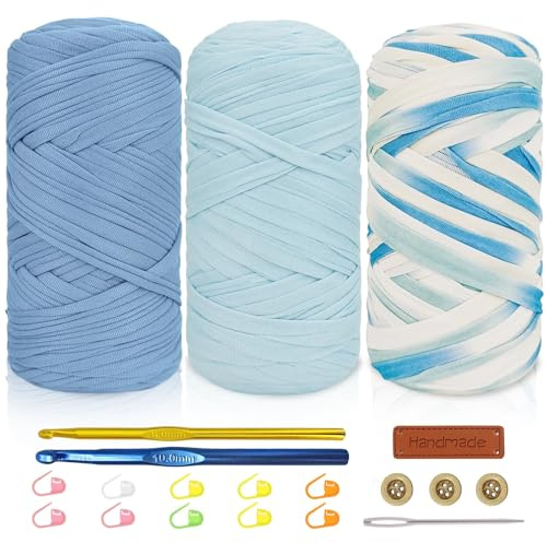 Tshirt Yarn Crochet Kit 3x200g Chunky Yarn for Crocheting with 6mm & 10mm Hooks + Accessories, Rich Color Combinations - Suitable for Beginners, Ideal for Making Bags, Home Decor（Blue-3）