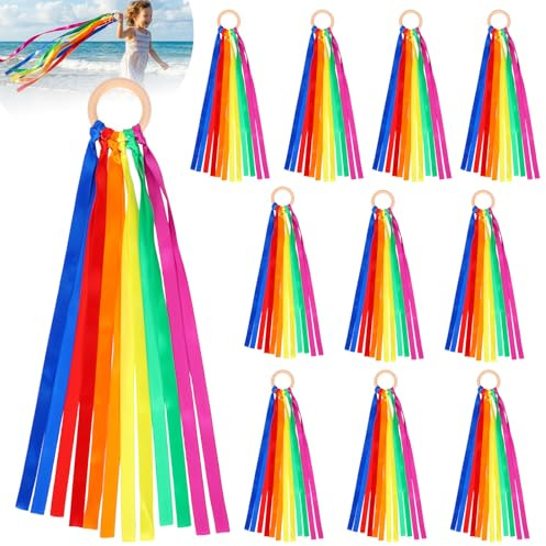 Deuson 12 bandas de baile de colores, bandas de baile con anillos, bandas de seda de colores, bandas de colores con anillo de madera, para gimnasia rítmica, danza artística y decoración de fiestas
