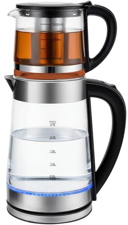 HOARLICN Tetera eléctrica de 2,5 l, tetera turca de 1500 W, Caydanlik eléctrica, hervidor de agua grande y tetera pequeña para leche seca, té blanco, té verde