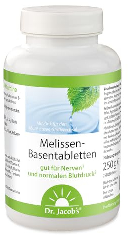 Dr. Jacob’s Melissen-Basentabletten Dose 250 g I gut für Nerven und normalen Blutdruck* I mit Melissenextrakt, Magnesium, Kalium, Zink, Citraten und 10 Vitaminen I 50 Portionen
