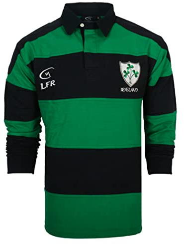 Irish Rugby Shirt for Men, Green and Blue with Shamrock Crest, Irish Fan Shirt, Large.