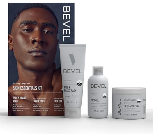 Bevel Facial Skin Care Set for Men - Mens Skincare Kit Routine Includes Face Wash with Aloe Vera, Glycolic Acid Exfoliating Pads, Lightweight Face Moisturizer, Helps Treat Blemishes and Bumps