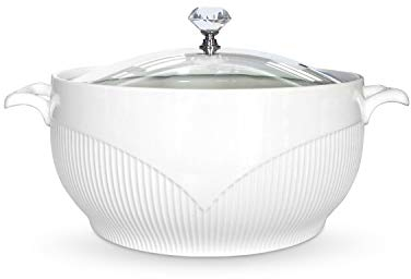 ABHOME Tureen de sopa de cerámica con tapa de cristal, cuenco de porcelana para restaurante, decoración de cocina del hogar, bonito tureen cubierto, blanco, 3 cuartos de galón