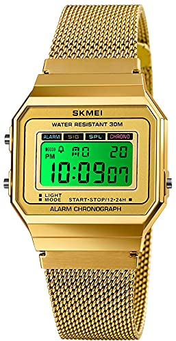 Gosasa Classic Unisex Women's Men's Digital Multifunction Sports Watch Stainless Steel Band Square Waterproof Electronic Led Watch (Mesh Gold)