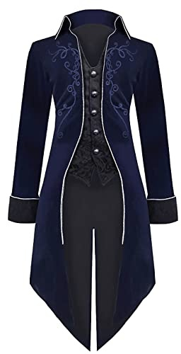Sangdut Men’s Medieval Steampunk Tailcoat Jacket, Male Victorian Renaissance Gothic Retro Vintage Embroidery Coat Halloween Party Cosplay Pirate Vampire Gentleman Costumes for Adult (Dark Blue, XXL)
