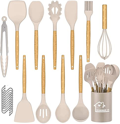 DLD Küchenutensilien-Set, 22-teiliges Premium-Küchenutensilien-Spachtel-Set mit Halter, antihaftbeschichtetes, hitzebeständiges Küchenutensil mit natürlichem Holzgriff (Khaki)