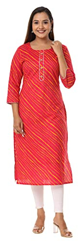 VIHAAN IMPEX Red Lehriya Print Cotton Kurti for Women Casual Indian Tunic Top 3/4 Sleeve Summer Shirt Ladies Clothes Womens Gifts