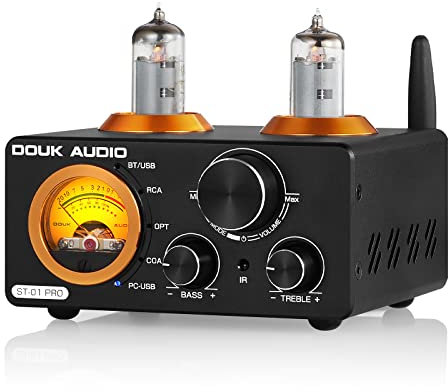 Douk Audio ST-01 PRO 200W Bluetooth Amplifier, 2 Channel Vacuum Tube Power Amp with USB DAC/Coaxial Optical Inputs/VU Meter/Treble Bass Control for Home Theater/Stereo Speakers (Upgrade Version)