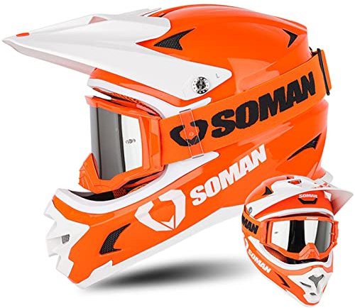 Casque Moto Cross Homme Set, Casque Moto Adulte avec Orange Goggles, Casque Moto Cross pour BMX MTB Quad Enduro ATV Scooter - ECE/DOT Homologué (S-XXL, 56-63cm)