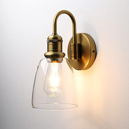 JIMUBEAM 1-luce Lampada da parete a collo d'oca vintage con paralume in vetro trasparente Cloche, applique da parete interno industriale per bagno soggiorno camera da letto sopra lavello cucina