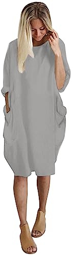 Vimoli Robes Tunique Femme Chic Col Rond Pull T-Shirt Robes au Genou Couleur Unie Ample Robes Décontractée à Manches Longues Grande Taille Baggy Robes Casual avec Poches(A Gris,6XL)