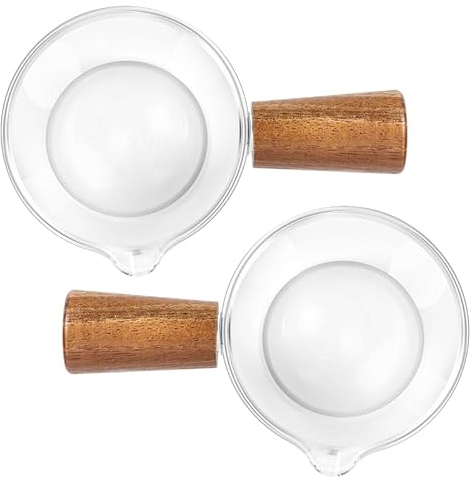 Kopinma Lot de 2 gobelets à lait en verre avec poignée en bois, mini à sauce, petites tasses à pour café, thé, sirop d'érable, sauce miel, service – 50 ml