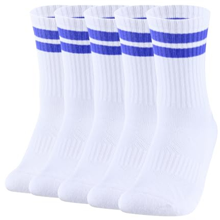 OUYJIA Men's White Sports Socks Moisture Wicking Cotton Crew Cushioned Striped Socks Anti Odor Casual Everyday Golf Tennis Sock Work Training Athletic Sock for Men Size 7-10 (5 Pairs)