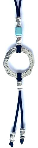 ASTER ALHELÍ - Colgante Mujer Círculo y Turquesa Plata - Collar Largo Mujer de Antelina Negra con Altura Ajustable y Abalorios de Zamak Bañado en Plata - Ideal para Regalo