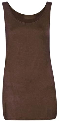 Womens Sleeveless Long Vest Ladies Round Neck Long Over The Bum Gym Yoga Wear Summer Plain Vest Mini Dress Brown 12-14