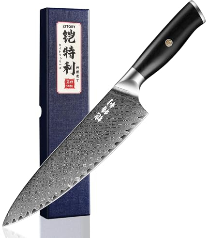 Kitory Damastmesser 20cm Pro Kochmesser 73 Schichten Damaststahl Klinge 10Cr15CoMoV Stahl Küchenmesser mit Pakkaholz-Griff
