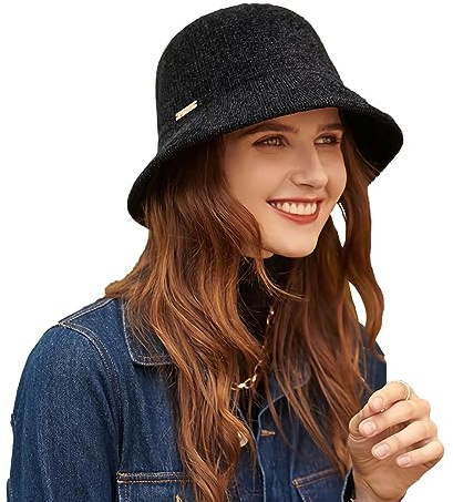 SJTJSPX Bucket Hat Wool Chenille for Women Bucket Hats Winter Warm Fisherman Hat Packable&Plain Colors Fisherman Cap Vintage Felt Cloche Hat Spring and Autumn Bucket Hat Black