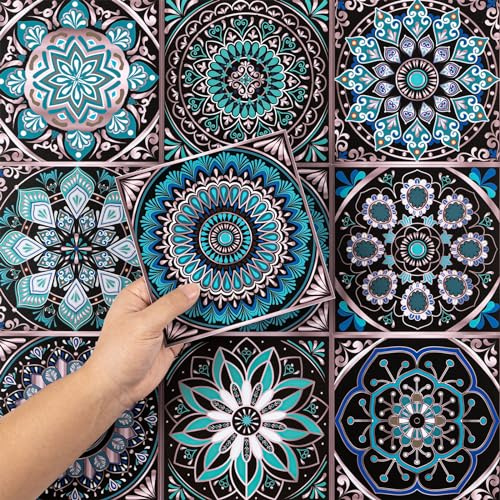 Hode Kitchen Bathroom Tile Stickers Stick on Tiles, Sticky Back Peel and Stick Self Adhesive Wall, Vinyl Waterproof Blue Purple Moroccan, 50pcs 15x15cm