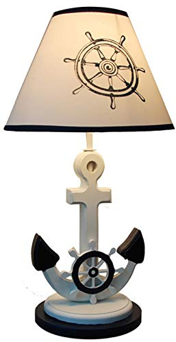 Lámparas de mesa Lámpara de estilo mediterráneo para niño y niña, cuerpo de madera maciza de estilo náutico con pantalla de tela, adecuada para habitación infantil, lámpara de noche, lámpara de