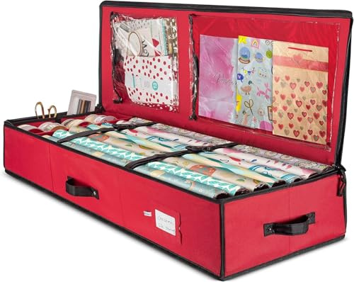 Premium Christmas Wrapping Paper Storage Bag with Interior Pockets - Fits 24 Rolls, Christmas Decoration Storage Box, 600D Tear-Proof Xmas Gift Wrap Organiser for Bows, Tags & Ribbons
