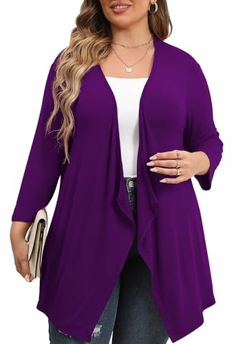 TIANZHU Dam plusstorlek cardigan 3/4 ärm draperad öppen framsida täcker lätt loungelager XL-4XL, Lila, XXL