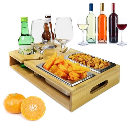 Divano Bar, Vassoio da Divano con Contenitore per Snack in Acciaio Inox, Realizzato in Bambù, Vassoio da Letto con Portabottiglie per il Salotto, il Divano, la Sala da Pranzo