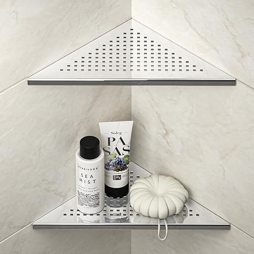 Bernkot esquinero Acero Inoxidable Ducha,Estante de Esquina para Ducha de Acero Inoxidable 304, sin Agujeros, para Cuarto de baño, Organizador de champú, 254 x 254 x 355 mm,Pulido,2 Piezas