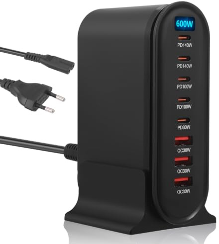 600W Caricatore USB Multiplo, 8 Porte Caricabatterie di ricarica rapida compatibile, caricatore multiplo usb c PD PPS 140W Stazione di Ricarica Veloce con 5 -C e 3 -A per Laptop Telefono Cellulare