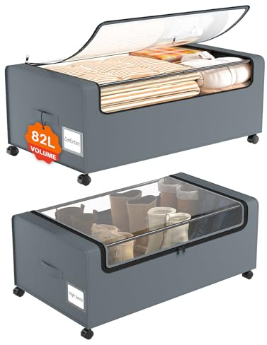 Webetop 12 inch Under the Bed Storage Bins with Clear Lid, Under Bed Storage Containers with Wheels for Underneath Small Spaces Dorms, Blankets (2 Pack, Grey, 30.7x17.3x12)
