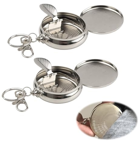 2 Pcs Cendrier de Poche Portable, Mini Cendrier Exterieur avec Couvercle Étanche pour Voiture, Camping et Voyage, Design Compact en Acier Inoxydable（Argenté）