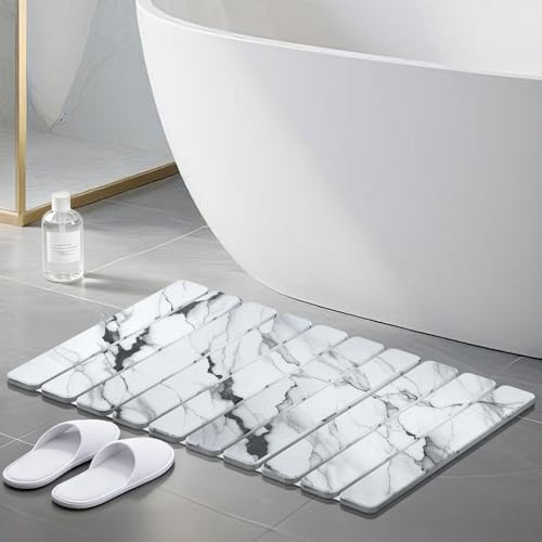 Alfombra Diatomita Baño Blanco 60x40cm, Plegable Natural Tierra Bath Mat Secado Rápido, Alfombrilla Piedra Diatomita Super Absorbente, Alfombrilla de Ducha para baño, Casa y Cocina