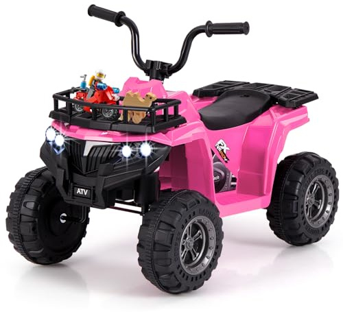 COSTWAY 6 V elektrisk fyrhjuling för barn, med framåt-backfunktion, elektrisk fyrhjuling med LED-strålkastare, förvaringskorg och musik, elektrisk bil, ATV för barn från 2 år, rosa