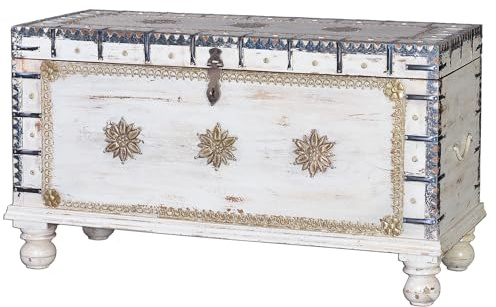 GC GINER & COLOMER Baúl de Madera de Mango Estilo Étnico con Detalles en Bronce - Cofre de Almacenaje Blanco Envejecido 57 x 100 x 40 cm