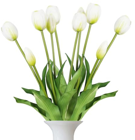 Cndiyald 2 buntar 40 cm konstgjorda tulpaner i latex, blommor med äkta känsla för fest och heminredning, vit
