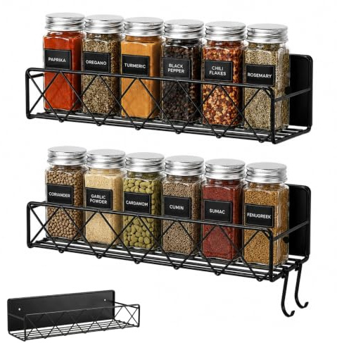 ELISPACES Especieros para Cocina Magnéticos – Pack de 2 | Estante de Pared en Acero Negro para Baño, Cocina o Salón. Organizador de Especias + QR de Regalo | 3 Opciones: Adhesivo, Imán o Tornillos