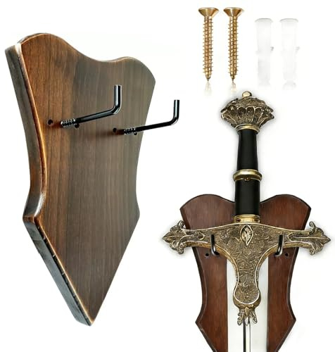 JETSUNDA Sword Wall Mount Adjustable Wooden Sword Stand Katana Wall Mount Vertical Display Holder for Bow Medieval Sword Dagger Axe Decor for Bar Room,Game Room(Wood)