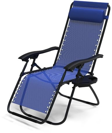 VOUNOT® Sdraio da Giardino con Portabicchieri e Poggiatesta Regolabile, Sedia Pieghevole Zero Gravity da Esterno, Poltrona Relax, Carico Massimo 120kg, Blu
